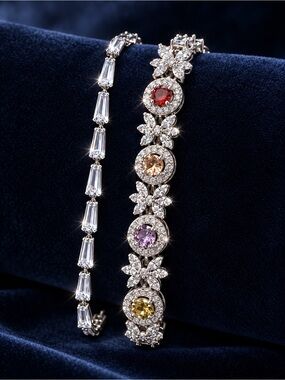 Silver Multi-Gemstone Floral Tennis Bracelet Hypoallergenic- Women Jewelry
